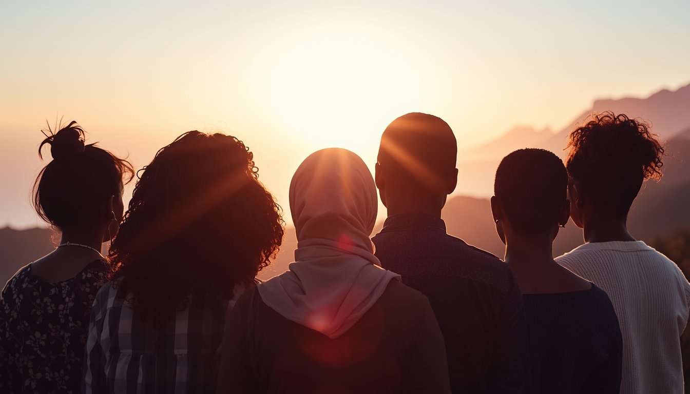 Diverse women silhouetted against a warm sunset